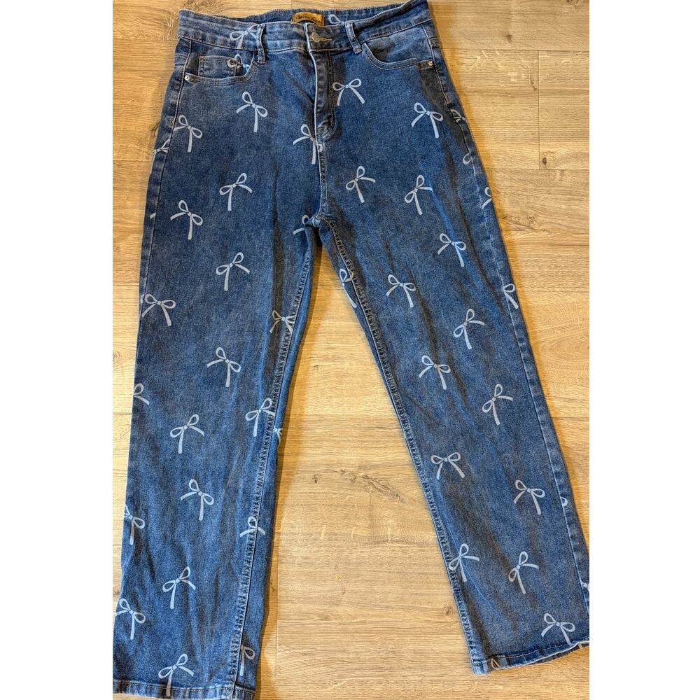 Wave Jeans Women’s Bow Print High Rise Jeans Size 15 Blue Straight Leg Y2K